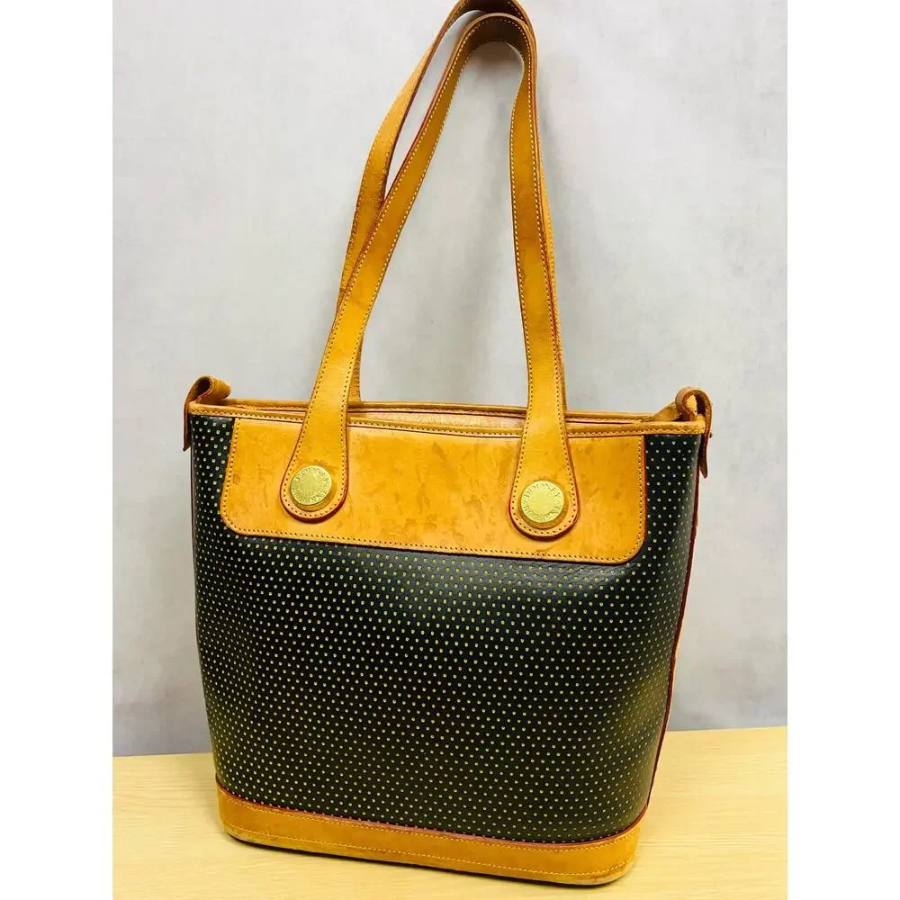 Vintage Dooney & Bourke Bag Vintage Cabrio Perforated Leather Black Tan Tote M - Picture 2 of 16